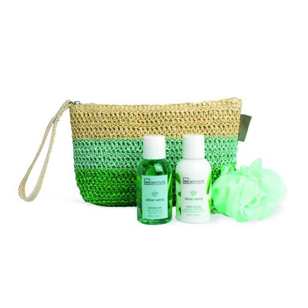 IDC Necesser de viaje ALOE VERA 3 piezas (gel de ducha 100 ml, loción corporal 100 ml, esponja de baño)
