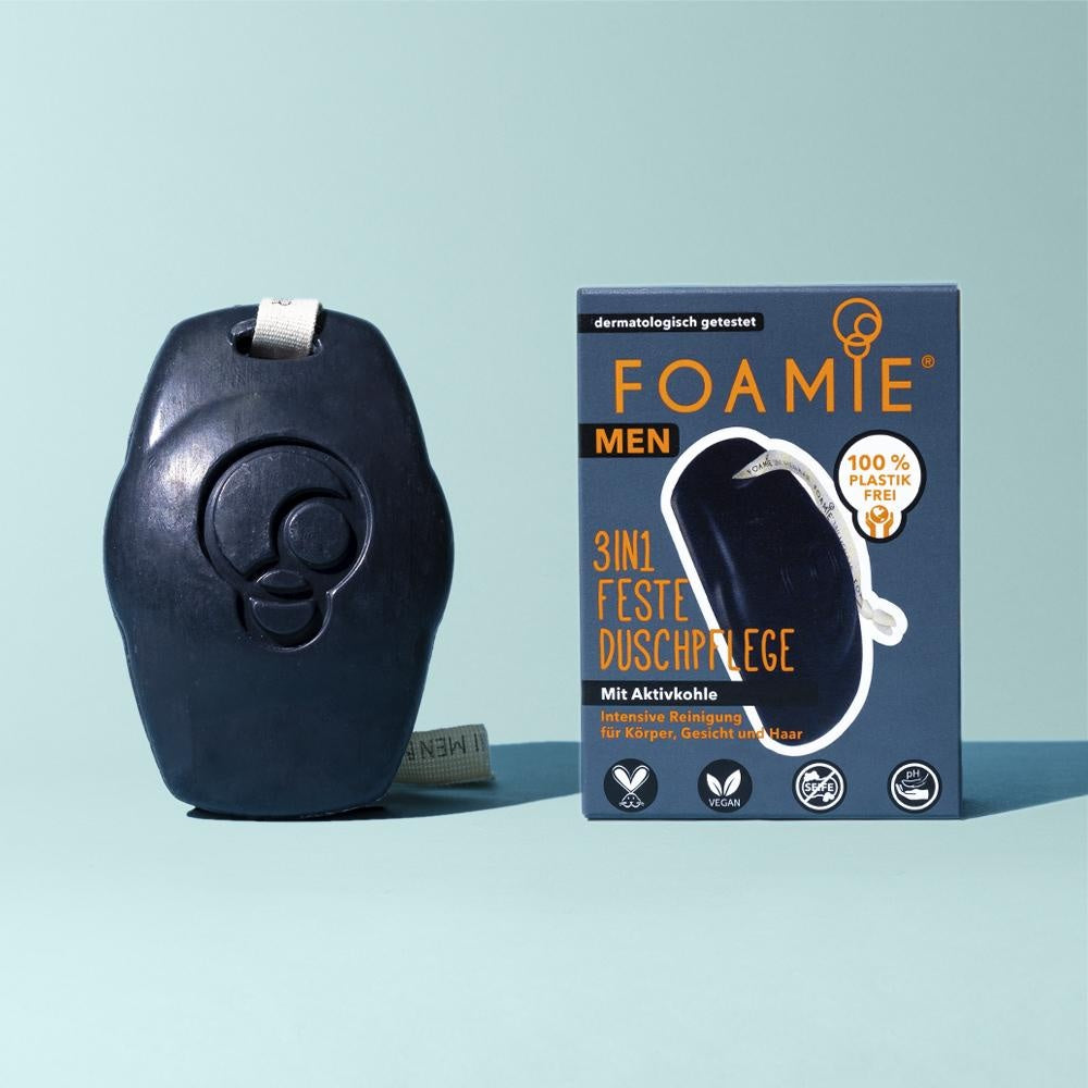 Foamie Men 3 en 1 limpiador solido de carbon corporal, facial y cabello Solido Sin Plasticos Eco