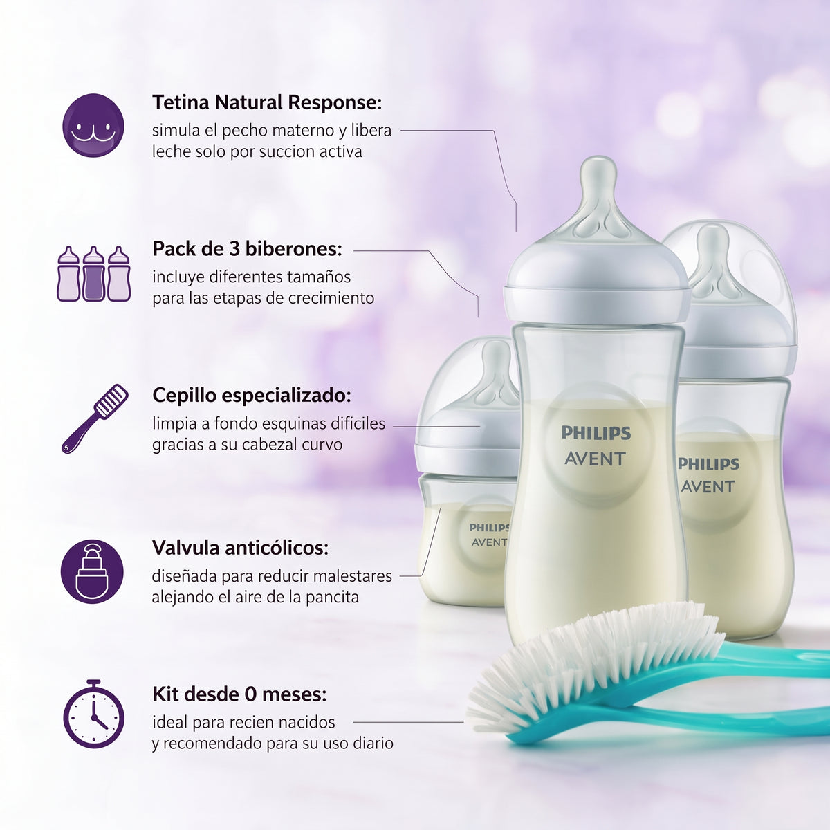Philips Avent Pack Natural Response 3 biberones + 1 cepillo limpieza