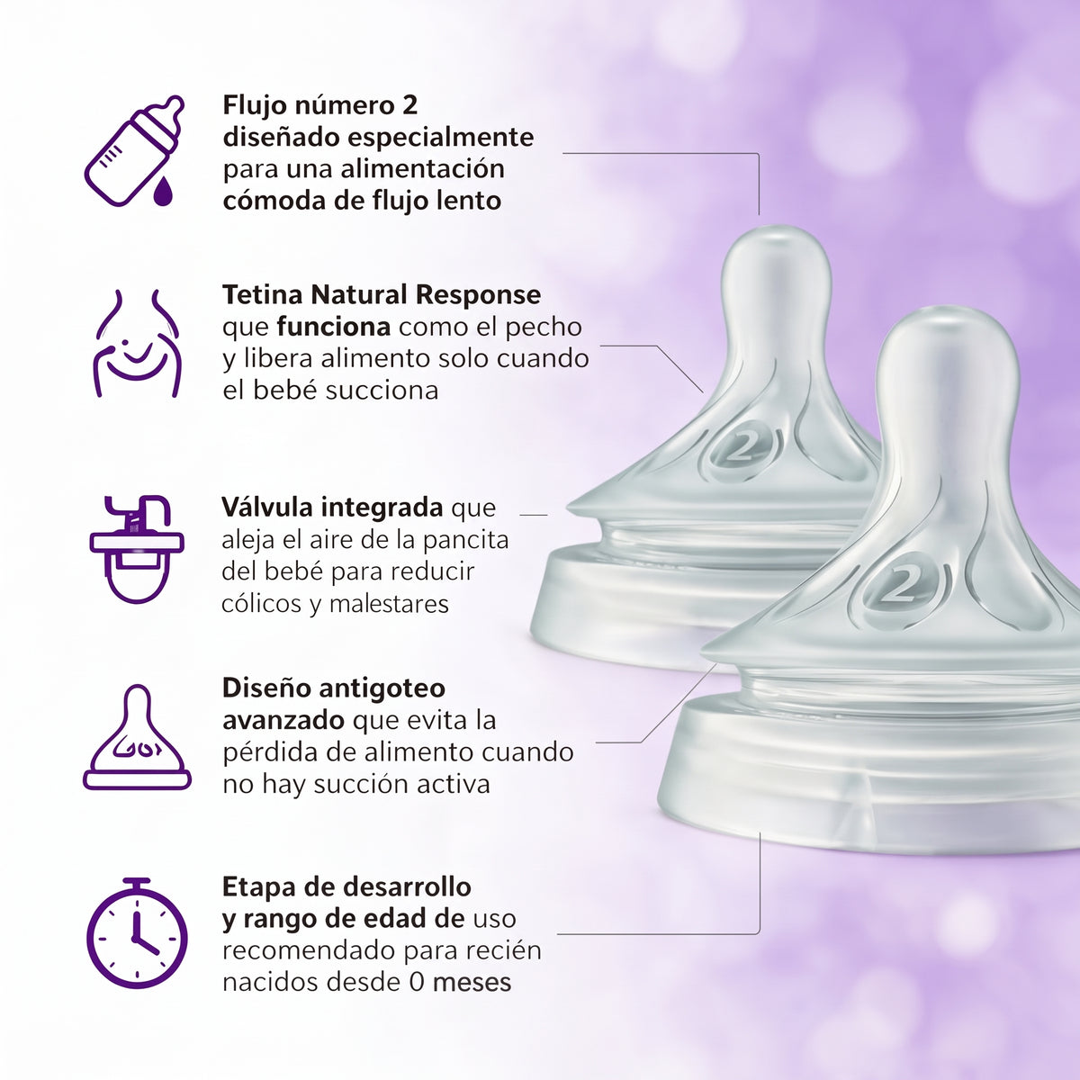 Philips Avent 2 Tetinas Natural Response T2 - flujo lento, 0m+