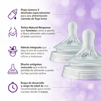 Philips Avent 2 Tetinas Natural Response T2 - flujo lento, 0m+