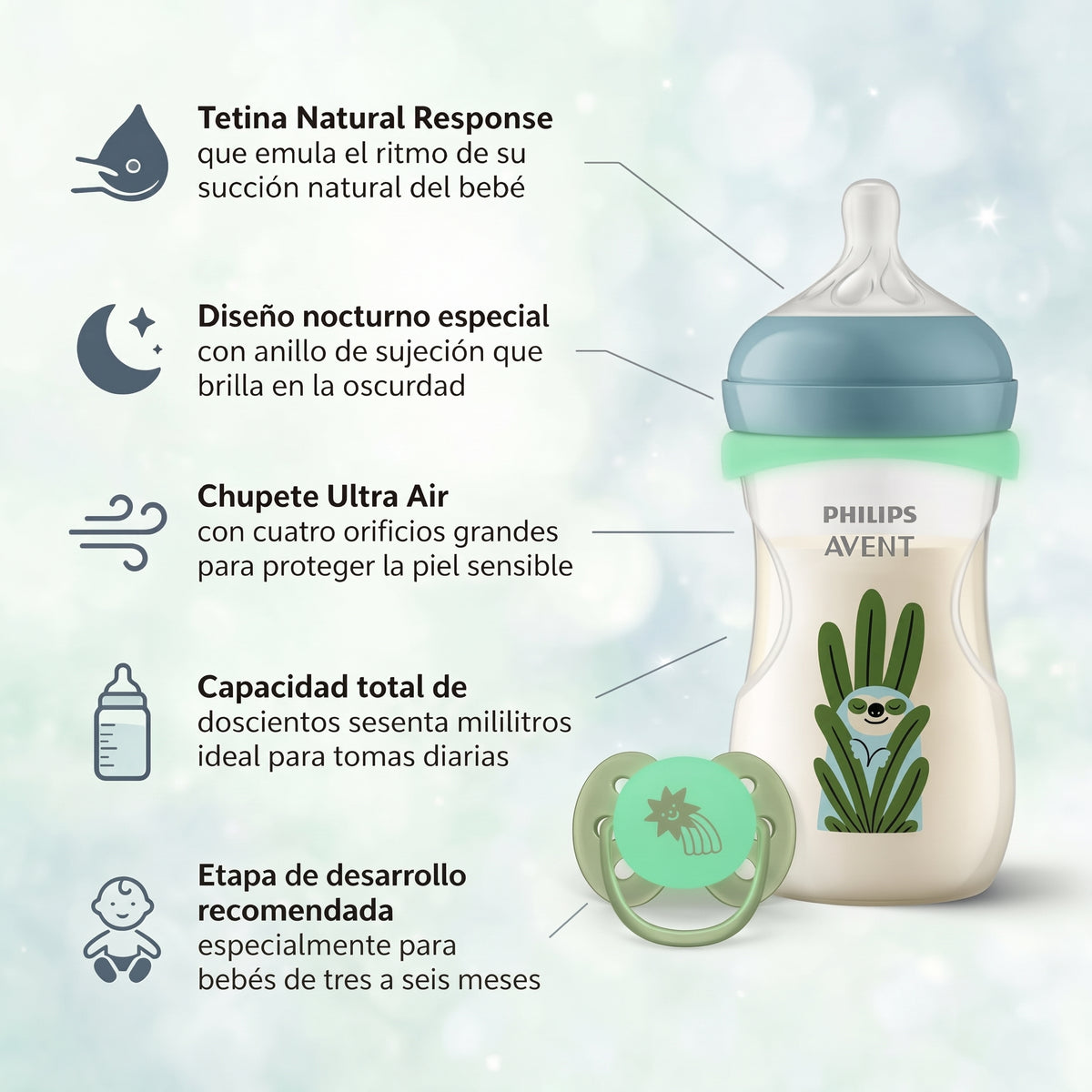 Philips Avent PACK Natural Response Nocturno (1biberón 260ml + 1 chupete ultra air nocturno 0-6m)